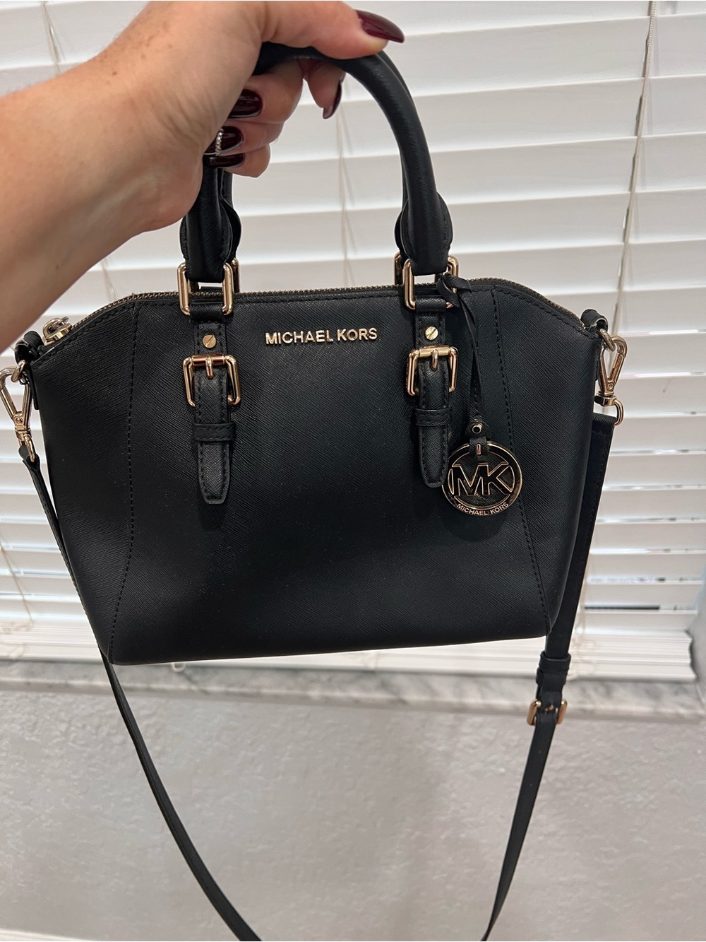 Michael Kors Black Saffiano Satchel with Gold Hardware and MK Charm